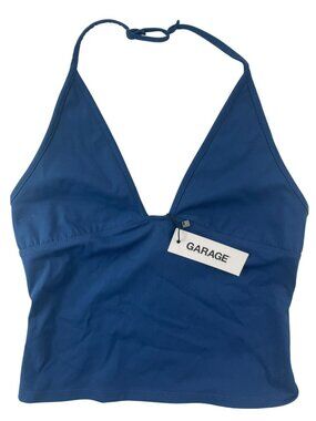 Garage Sleek Plunge Halter Tank Top Midnight Blue Women's Size Small DEFECT NWT